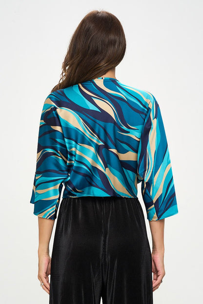 Multi Print Satin Mid Sleeve Top with Front Twist - Shellcreations