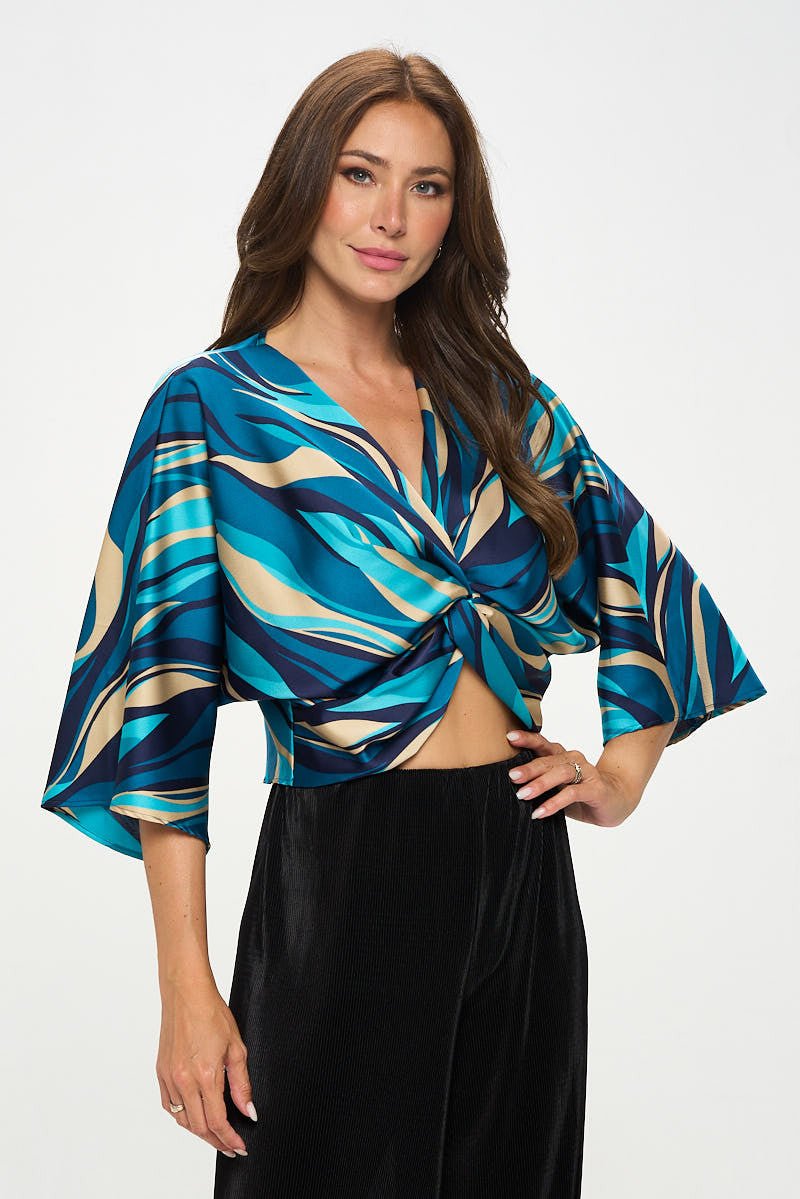 Multi Print Satin Mid Sleeve Top with Front Twist - Shellcreations