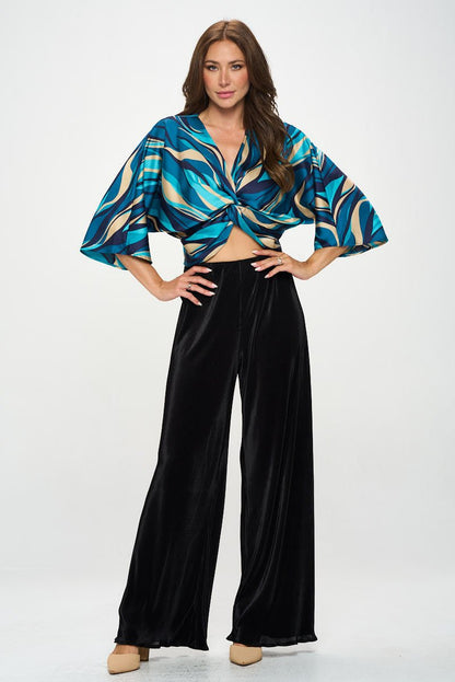 Multi Print Satin Mid Sleeve Top with Front Twist - Shellcreations