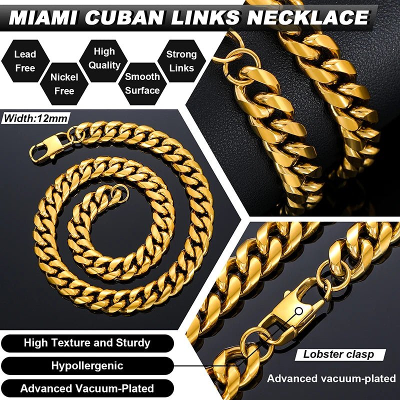 Non Tarnish Free Waterproof Gold Plated Filled Stainless Steel Cuban Chain Men's Hip Hop Jewelry Cuban Link Chain Necklace - Shellcreations