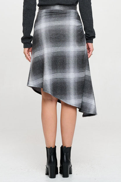 Plaid Knit Asymmetrical Hem Midi Skirt with Side Ruched Detail - Shellcreations