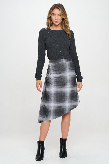 Plaid Knit Asymmetrical Hem Midi Skirt with Side Ruched Detail - Shellcreations