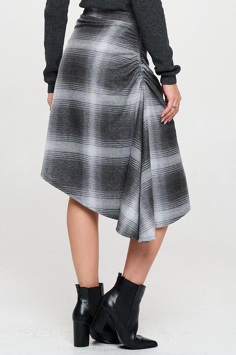 Plaid Knit Asymmetrical Hem Midi Skirt with Side Ruched Detail - Shellcreations
