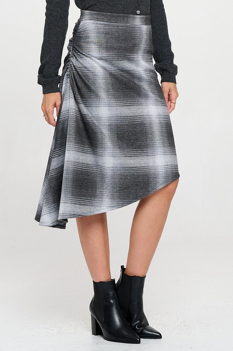 Plaid Knit Asymmetrical Hem Midi Skirt with Side Ruched Detail - Shellcreations