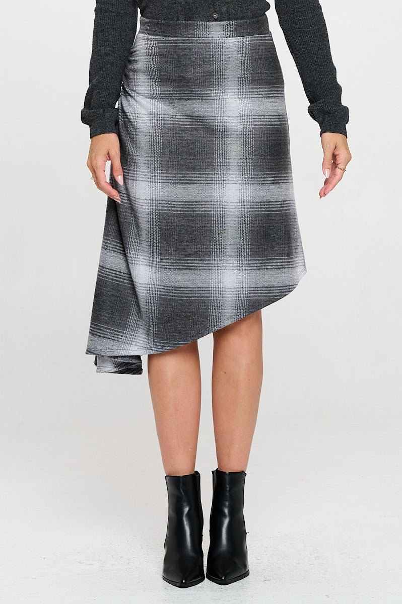 Plaid Knit Asymmetrical Hem Midi Skirt with Side Ruched Detail - Shellcreations