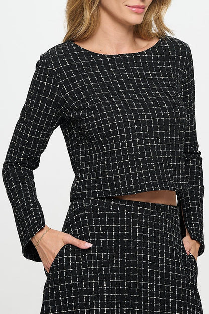 Plaid Knit Long Sleeve Crop Top with Split Sleeve - Shellcreations