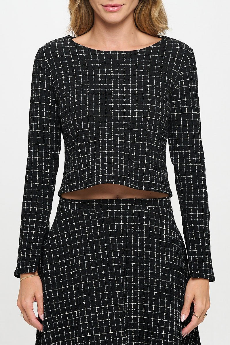 Plaid Knit Long Sleeve Crop Top with Split Sleeve - Shellcreations