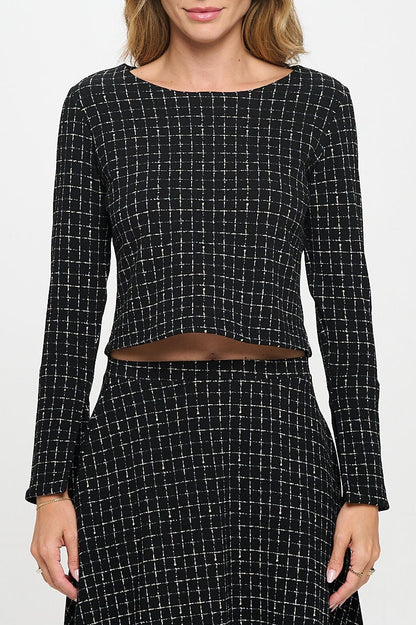 Plaid Knit Long Sleeve Crop Top with Split Sleeve - Shellcreations