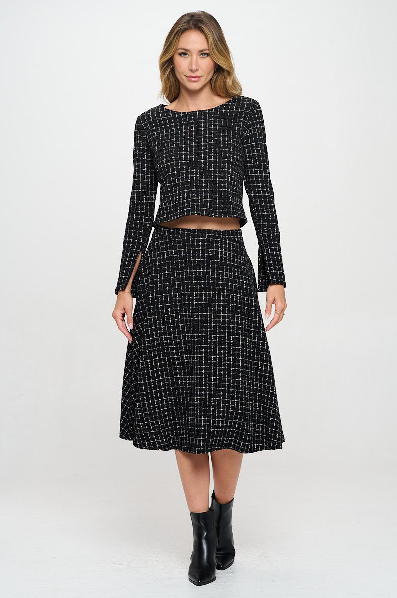 Plaid Knit Long Sleeve Crop Top with Split Sleeve - Shellcreations