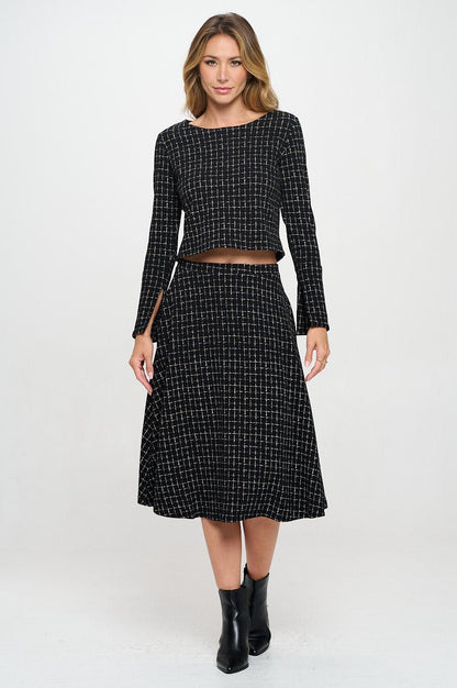 Plaid Knit Long Sleeve Crop Top with Split Sleeve - Shellcreations