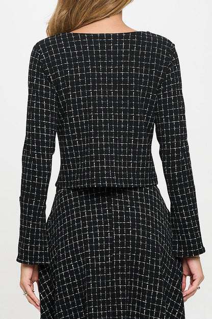 Plaid Knit Long Sleeve Crop Top with Split Sleeve - Shellcreations