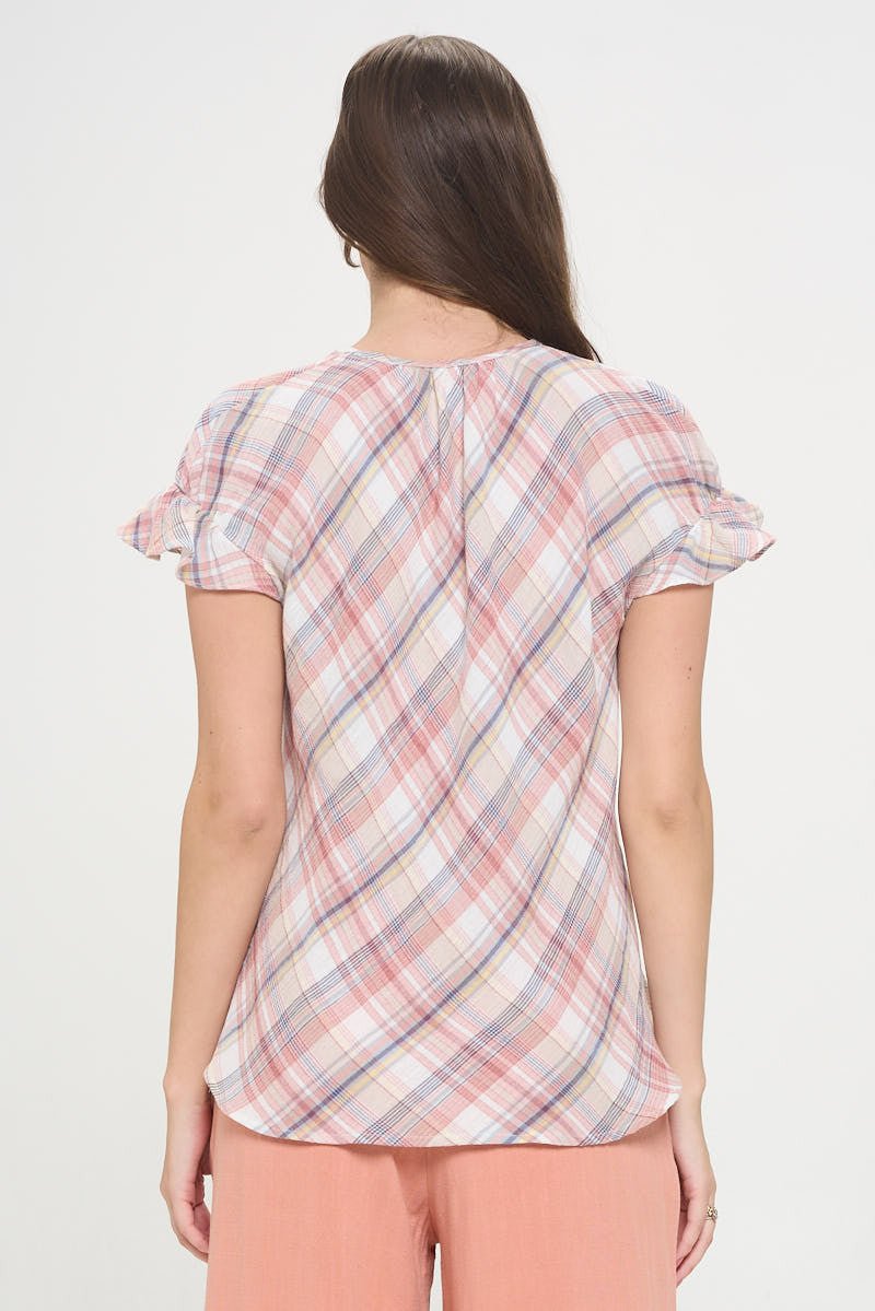 Plaid Short Sleeve V neck Top with Ruffle Sleeve and Tie - Shellcreations