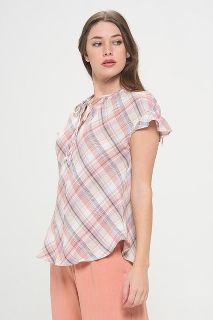 Plaid Short Sleeve V neck Top with Ruffle Sleeve and Tie - Shellcreations