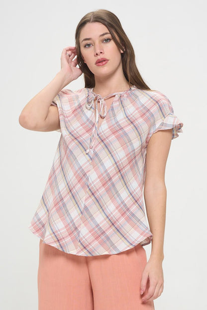 Plaid Short Sleeve V neck Top with Ruffle Sleeve and Tie - Shellcreations