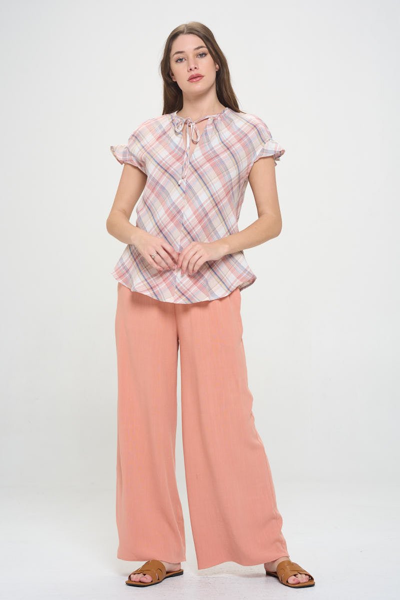 Plaid Short Sleeve V neck Top with Ruffle Sleeve and Tie - Shellcreations