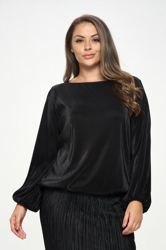 Plisse Solid Round neck Top with 3/4 Sleeve - Shellcreations