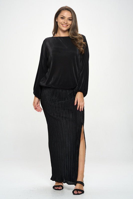 Plisse Solid Round neck Top with 3/4 Sleeve - Shellcreations