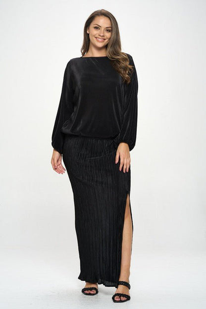 Plisse Solid Round neck Top with 3/4 Sleeve - Shellcreations
