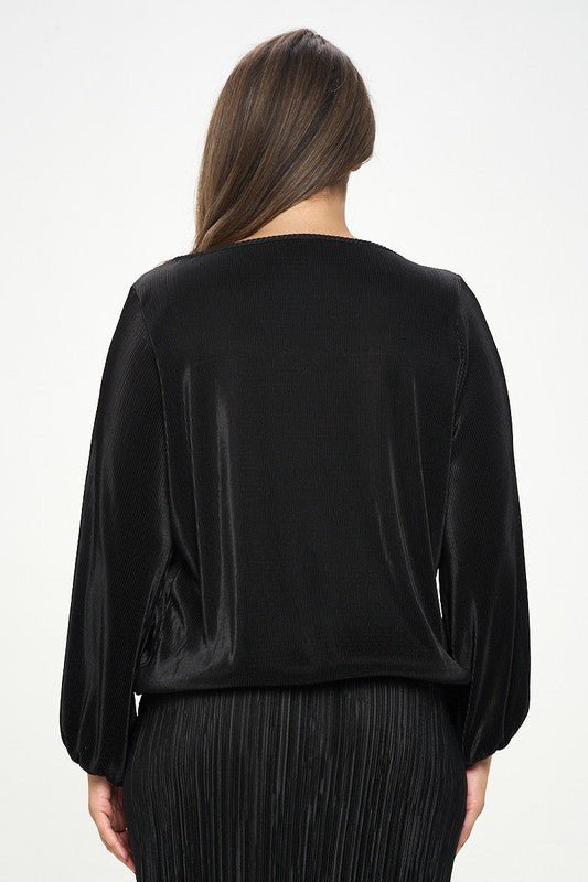 Plisse Solid Round neck Top with 3/4 Sleeve - Shellcreations