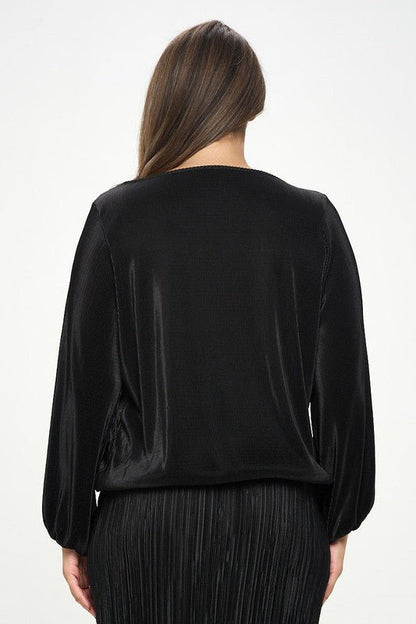 Plisse Solid Round neck Top with 3/4 Sleeve - Shellcreations