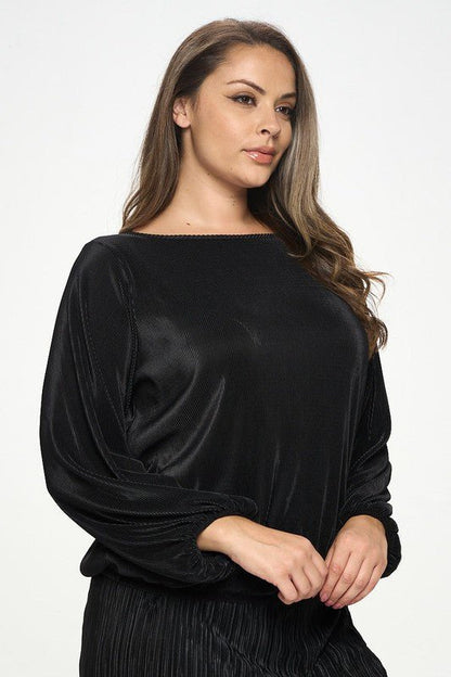 Plisse Solid Round neck Top with 3/4 Sleeve - Shellcreations