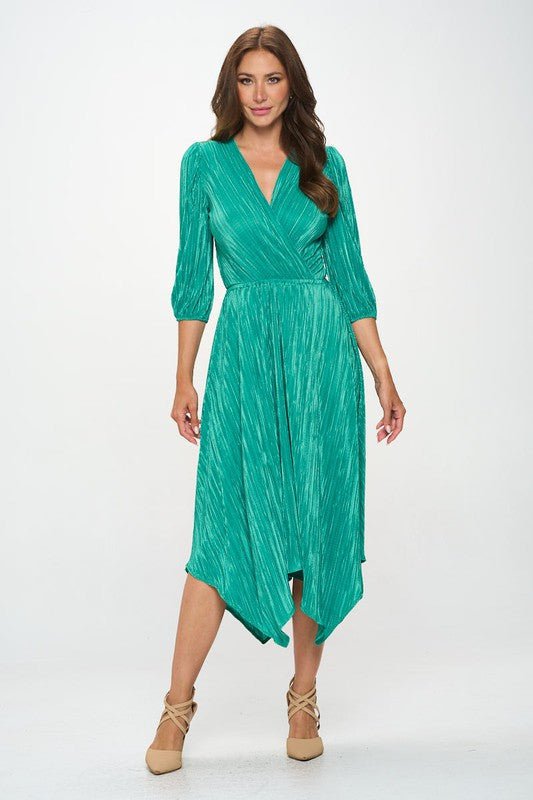 Plisse V neck Dress with Asymmetrical Hem - Shellcreations