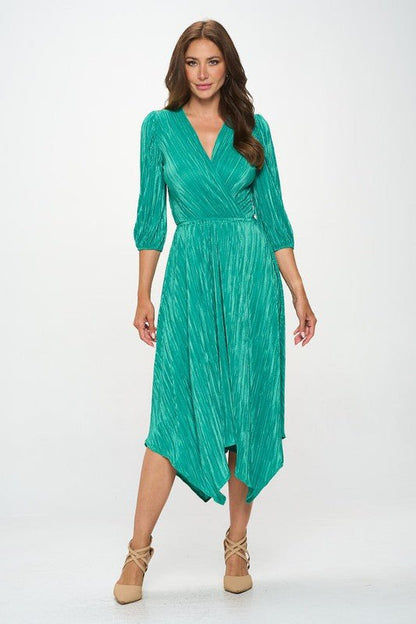 Plisse V neck Dress with Asymmetrical Hem - Shellcreations