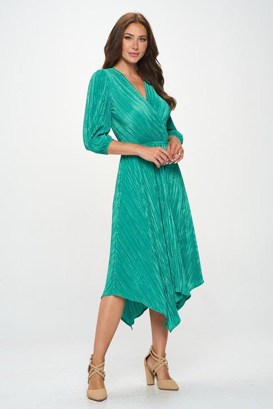 Plisse V neck Dress with Asymmetrical Hem - Shellcreations