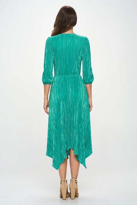 Plisse V neck Dress with Asymmetrical Hem - Shellcreations