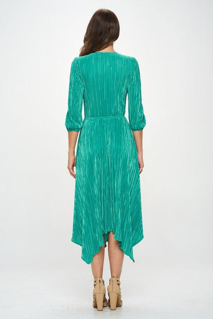 Plisse V neck Dress with Asymmetrical Hem - Shellcreations