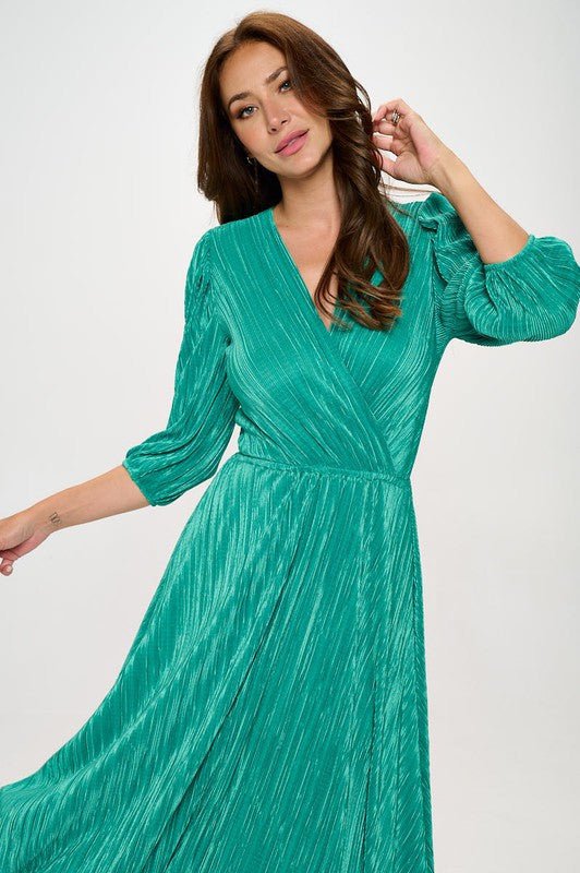 Plisse V neck Dress with Asymmetrical Hem - Shellcreations