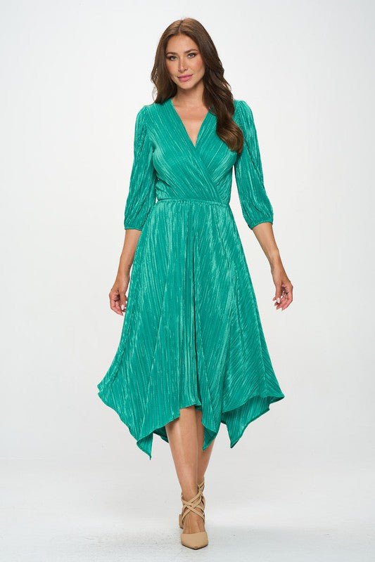 Plisse V neck Dress with Asymmetrical Hem - Shellcreations