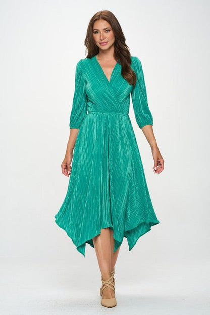 Plisse V neck Dress with Asymmetrical Hem - Shellcreations