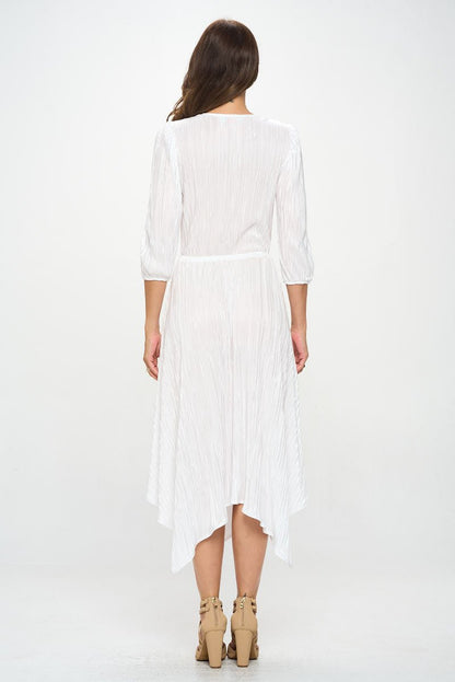 Plisse V neck Dress with Asymmetrical Hem - Shellcreations