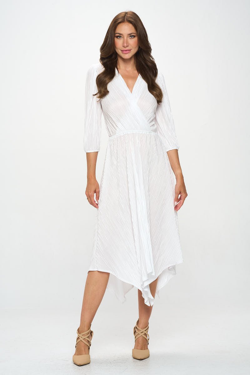Plisse V neck Dress with Asymmetrical Hem - Shellcreations