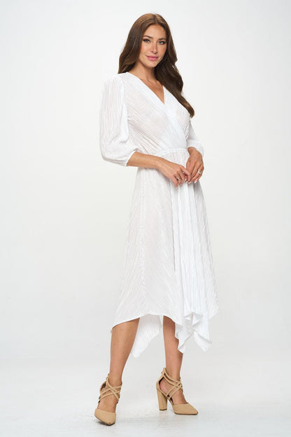 Plisse V neck Dress with Asymmetrical Hem - Shellcreations
