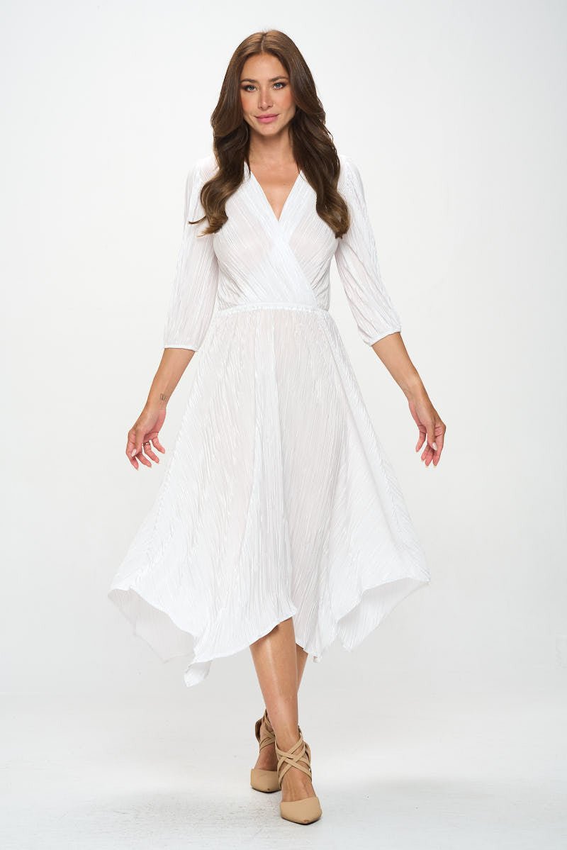 Plisse V neck Dress with Asymmetrical Hem - Shellcreations