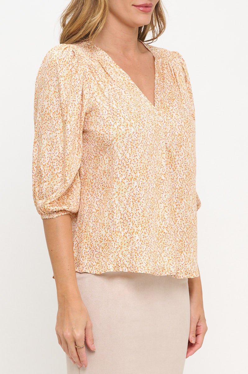 Polka Dot Print 3/4 Sleeve V neck Top - Shellcreations