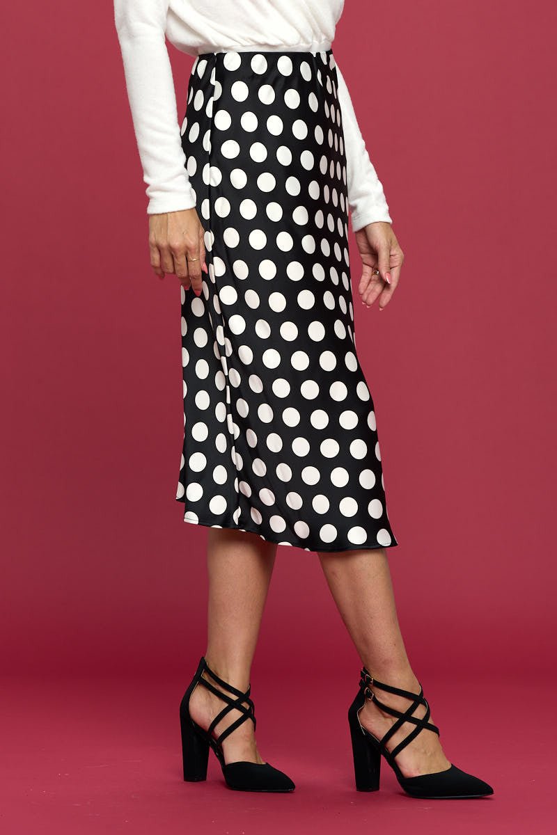 Polka Dot Satin Midi Skirt - Shellcreations