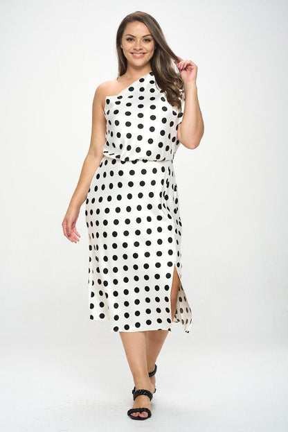 Polka Dot Stretch Satin One Shoulder Dress - Shellcreations