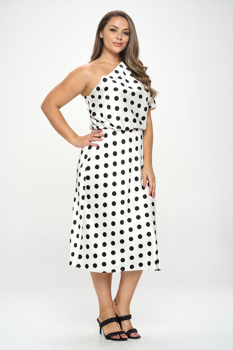 Polka Dot Stretch Satin One Shoulder Dress - Shellcreations