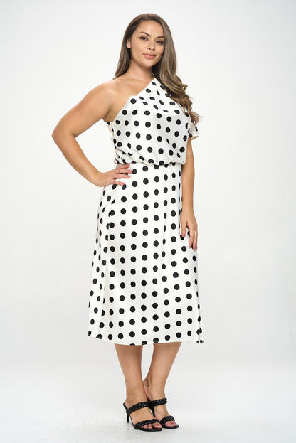 Polka Dot Stretch Satin One Shoulder Dress - Shellcreations