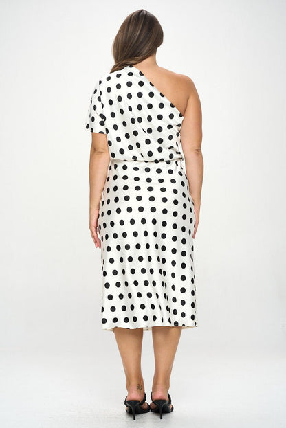 Polka Dot Stretch Satin One Shoulder Dress - Shellcreations