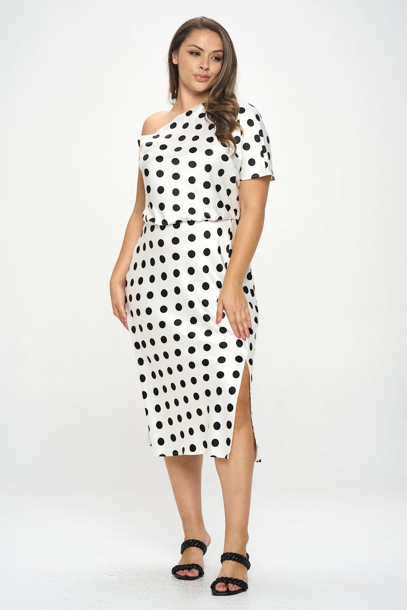 Polka Dot Stretch Satin One Shoulder Dress - Shellcreations
