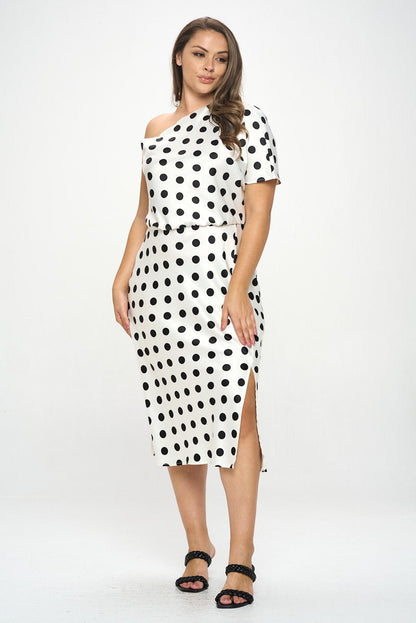 Polka Dot Stretch Satin One Shoulder Dress - Shellcreations