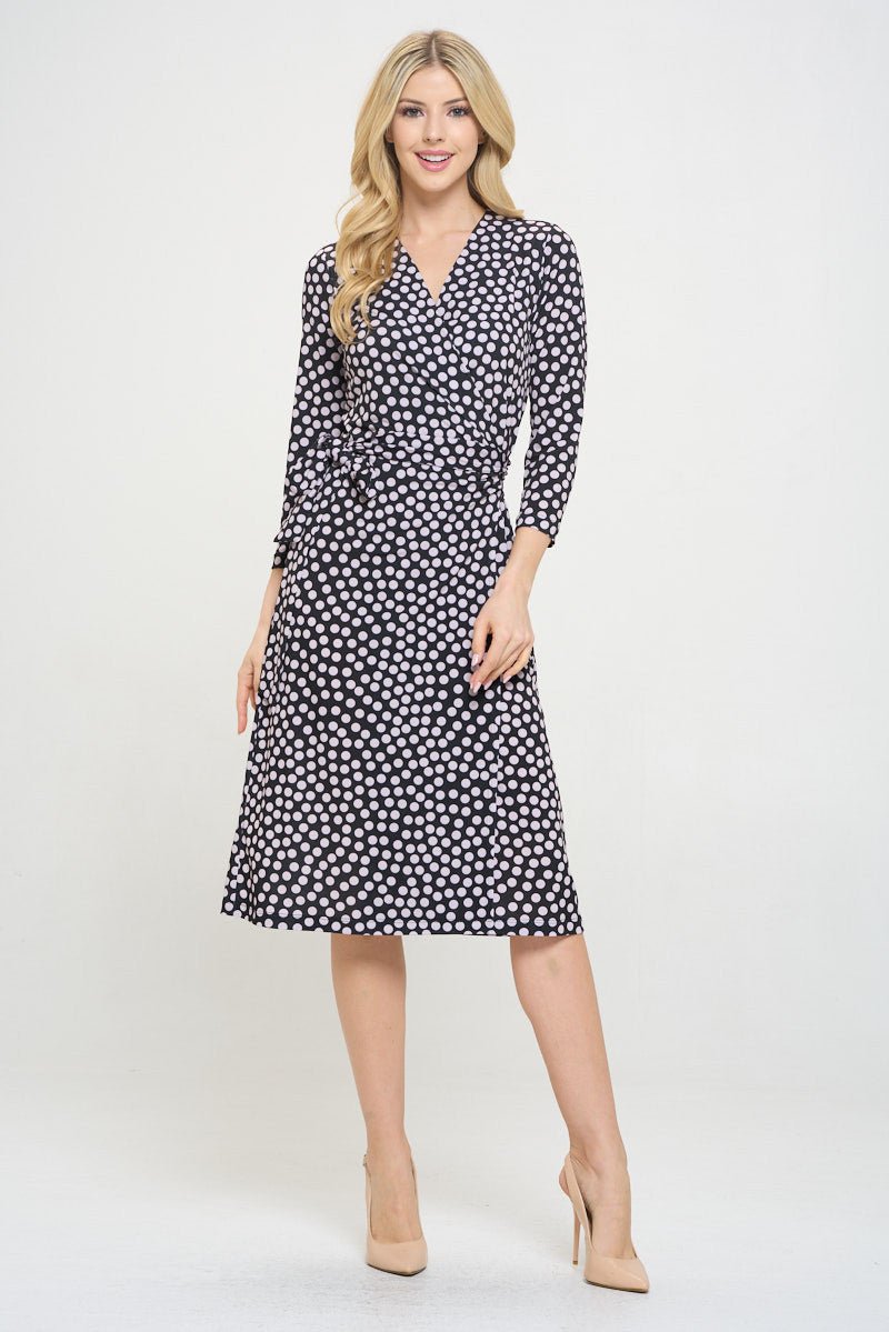 Polka Dot V neck Jersey Wrap Dress with Tie - Shellcreations