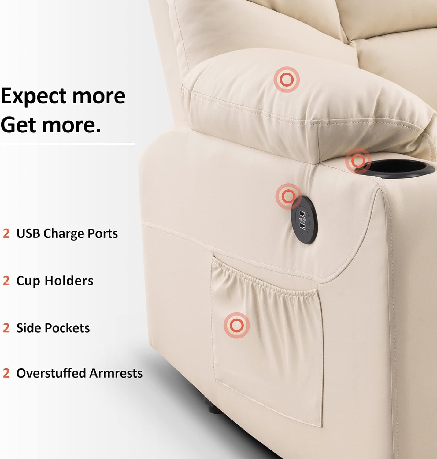 Power Lift Recliner Chair, 2 Cup Holders, USB Ports for Elderly People, Faux Leather 7288 (Cream White, Medium - Regular) - Shellcreations