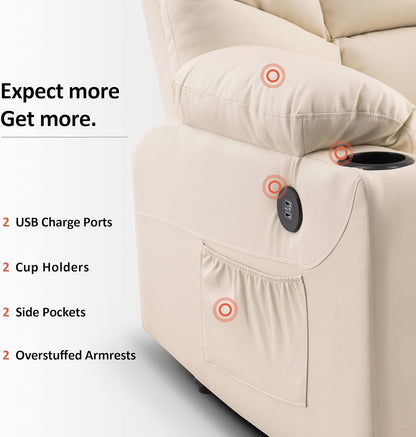 Power Lift Recliner Chair, 2 Cup Holders, USB Ports for Elderly People, Faux Leather 7288 (Cream White, Medium - Regular) - Shellcreations