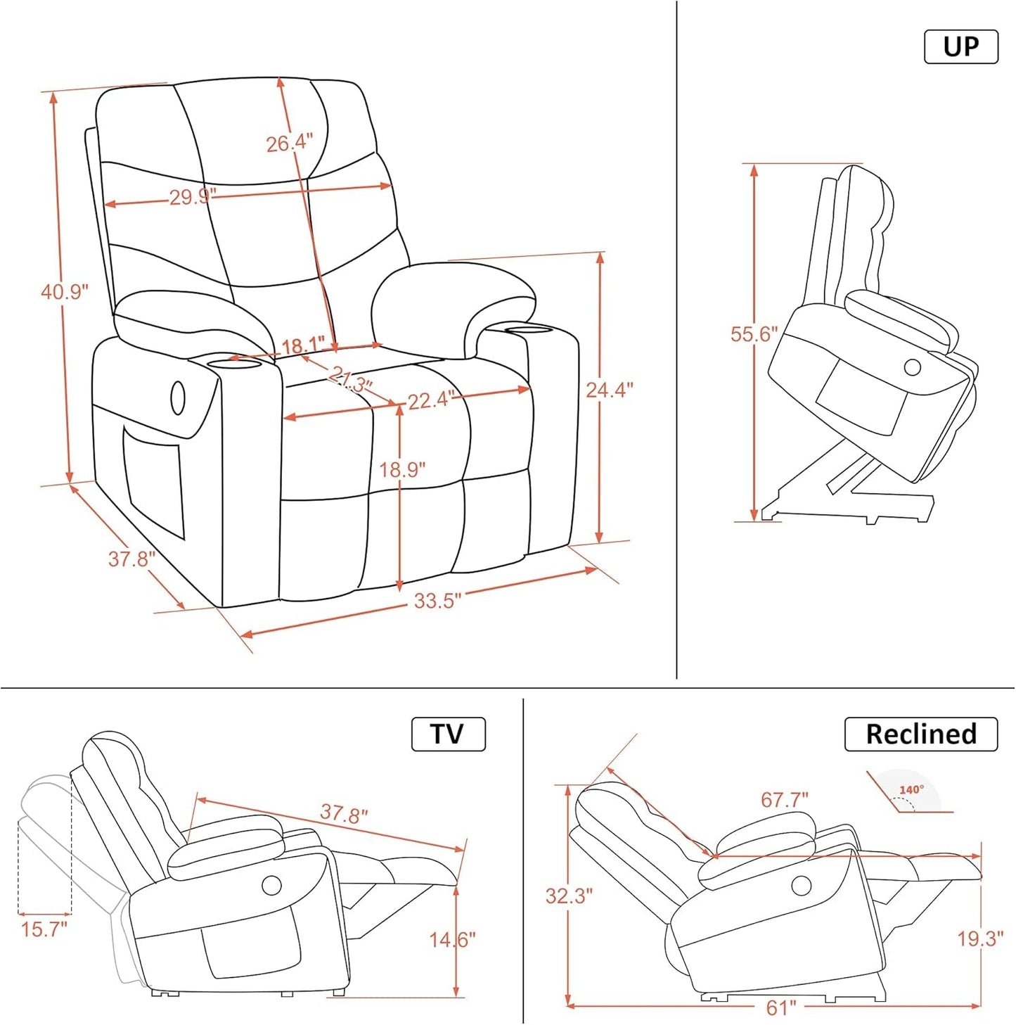 Power Lift Recliner Chair, 2 Cup Holders, USB Ports for Elderly People, Faux Leather 7288 (Cream White, Medium - Regular) - Shellcreations