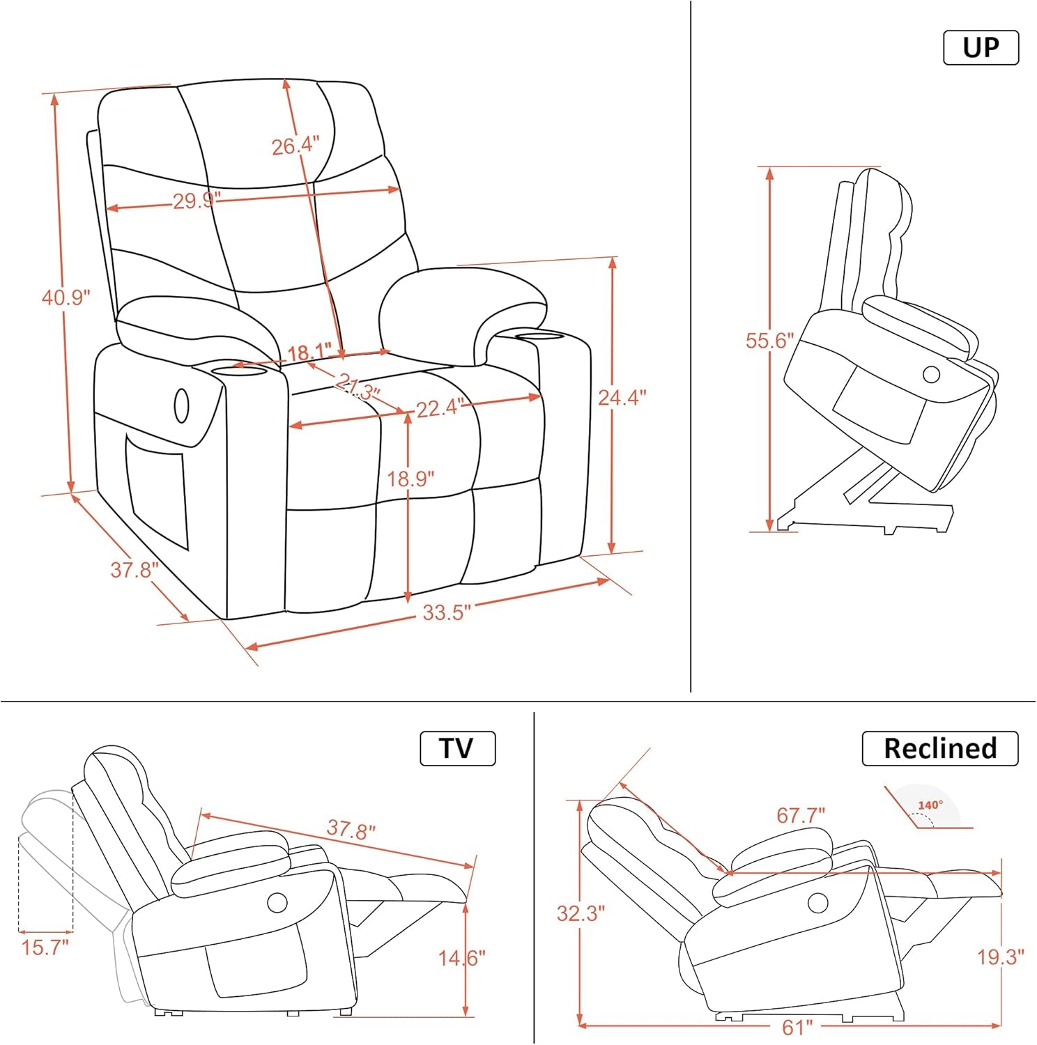 Power Lift Recliner Chair, 2 Cup Holders, USB Ports for Elderly People, Faux Leather 7288 (Cream White, Medium - Regular) - Shellcreations